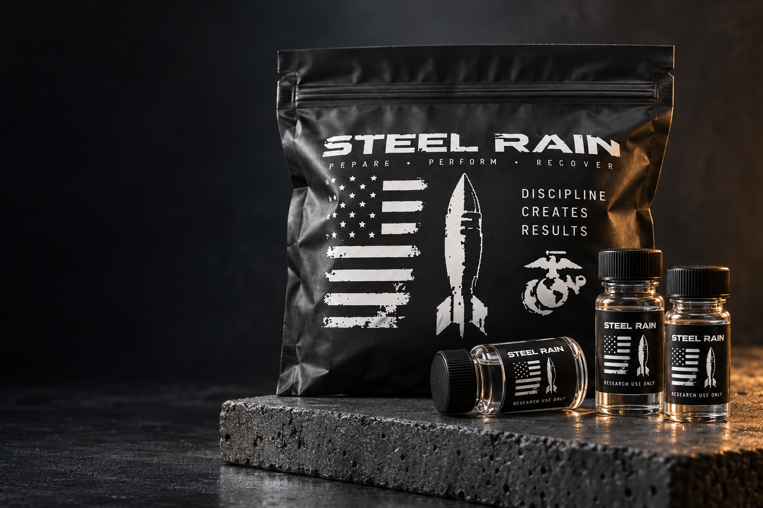 Conceptual Steel Rain black research-supply pouch and laboratory vials on a graphite display