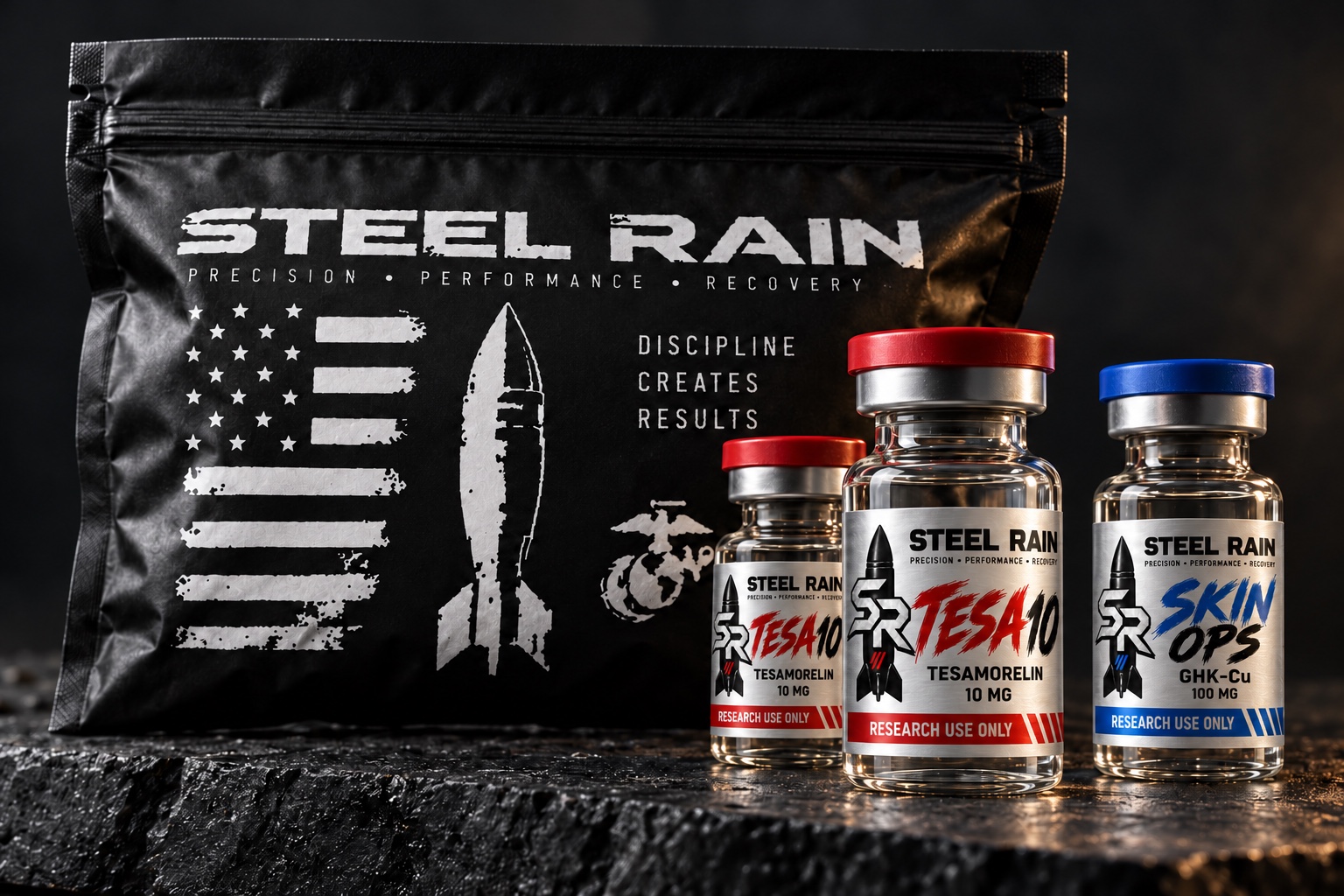 Steel Rain black pouch with a distressed flag and rocket, alongside three red- and blue-capped research vials
